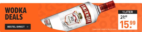 wodka deal: 1 liter smirnoff wodka van &euro;21.29&nbsp;voor&nbsp;&euro;15.99&nbsp;